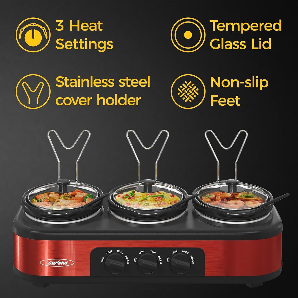 Triple Slow Cooker Buffet Food Warmer with 3 Removable Pots - Red or Blue