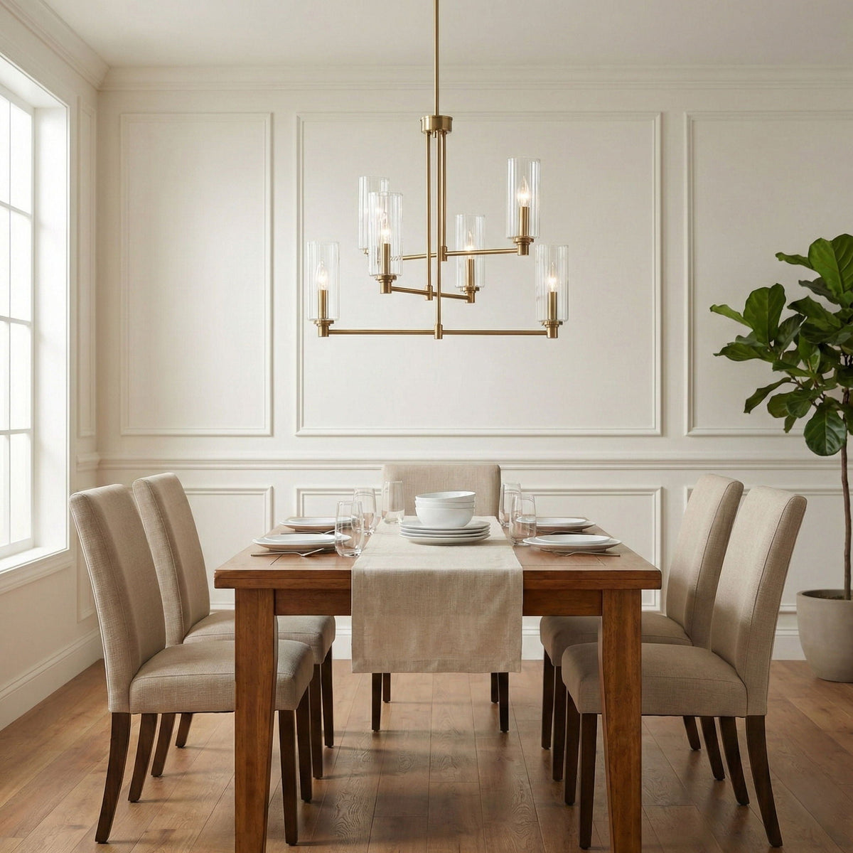 Timeless 6 Lights Chandelier With Clear Ribbed Satin - Antique Brass / Clear / Gold