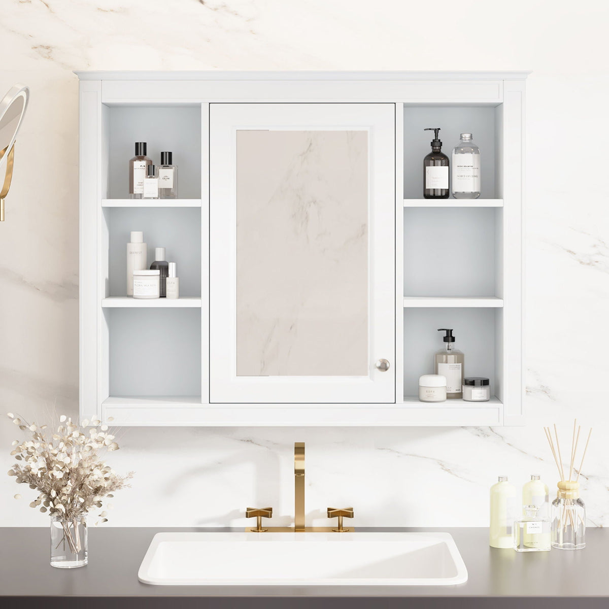 Wall Mounted Medicine Cabinet with Mirror and 6 Open Shelves - Multiple Colors