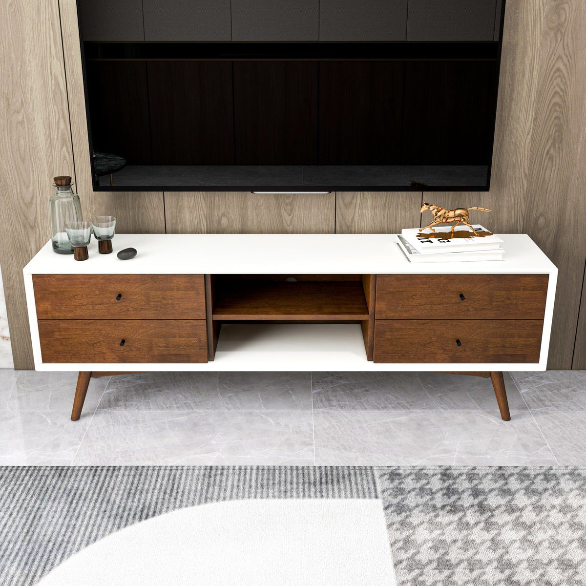 Modern TV Stand Up To 72" with Solid Wood Construction - White or Dark Brown