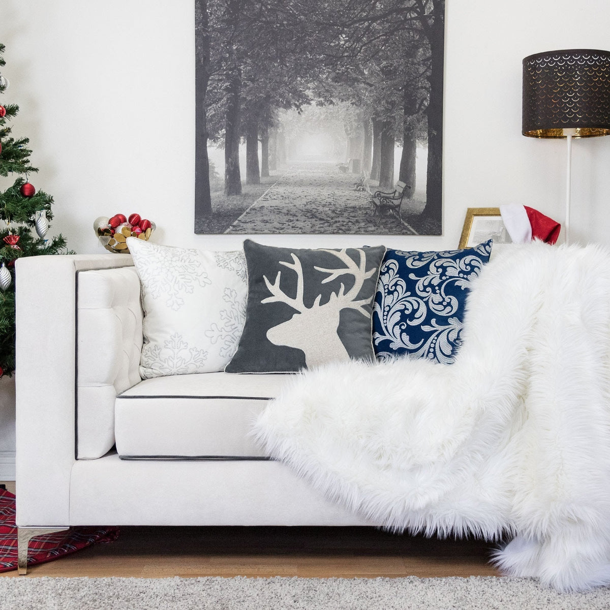 Holiday Reindeer Velvet Accent Pillow with White Appliqué - Gray and White
