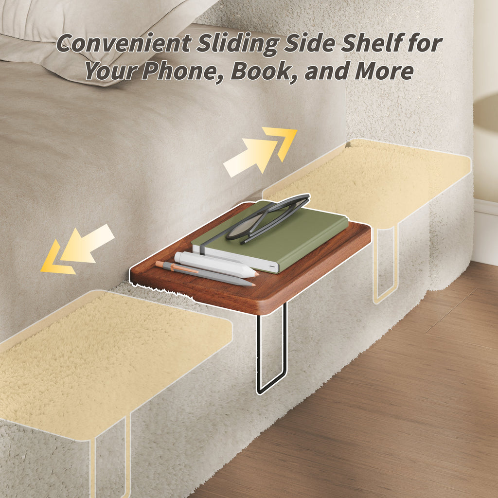 Off-White King Bed Frame with Adjustable Sliding Side Table and Cloud Cushion