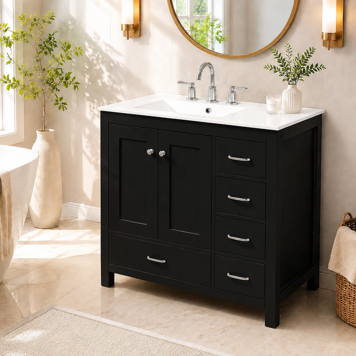 36" Black Bathroom Vanity With Ceramic Sink Combo