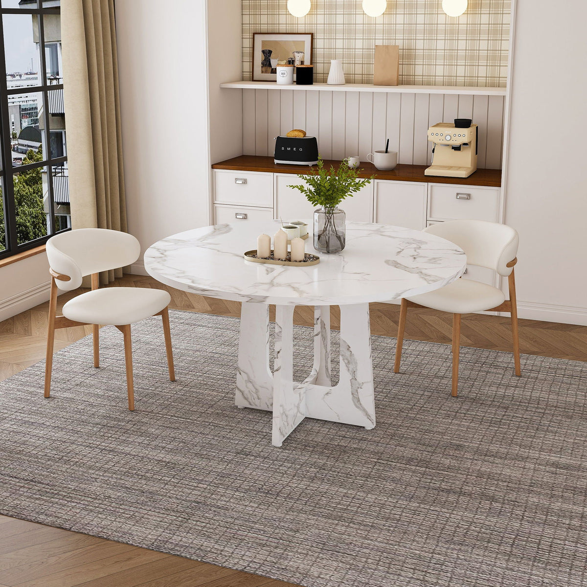 Round Dining Table For 4 with Wood & Iron Construction - Dark Brown or White