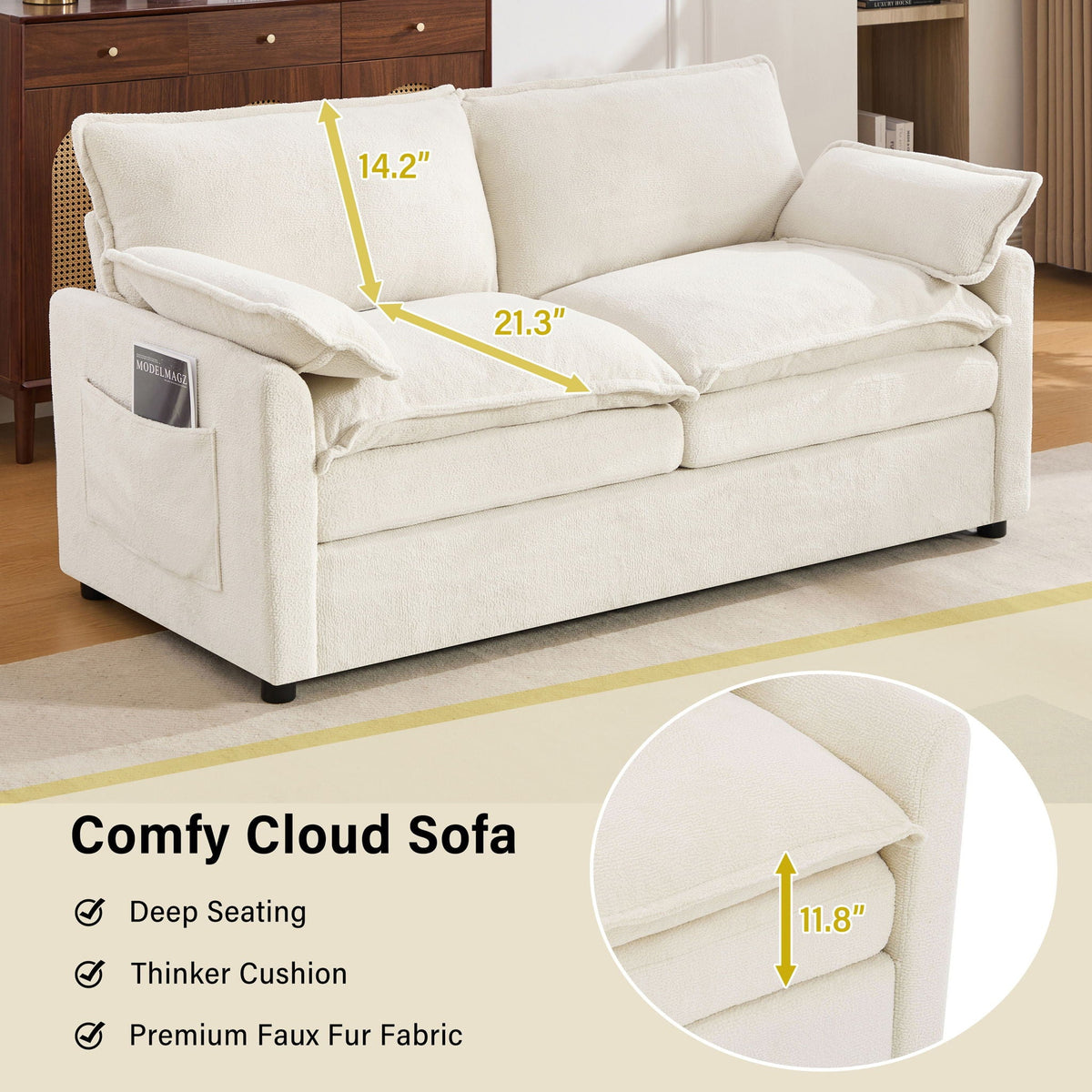 Modern Loveseat Sofa with Side Storage Pockets - Green, Beige, or Dark Gray