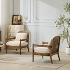 Mid-Century Modern Accent Chairs with Solid Wood & Rattan Back - Set of 2