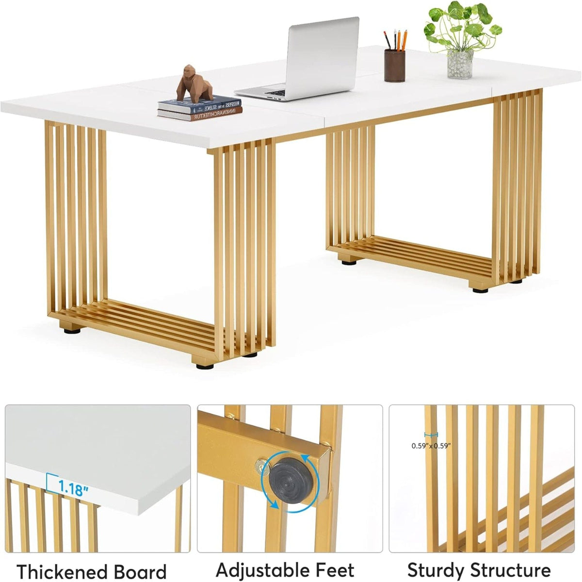 White Executive Desk with Gold Metal Legs - 70.87" Wide