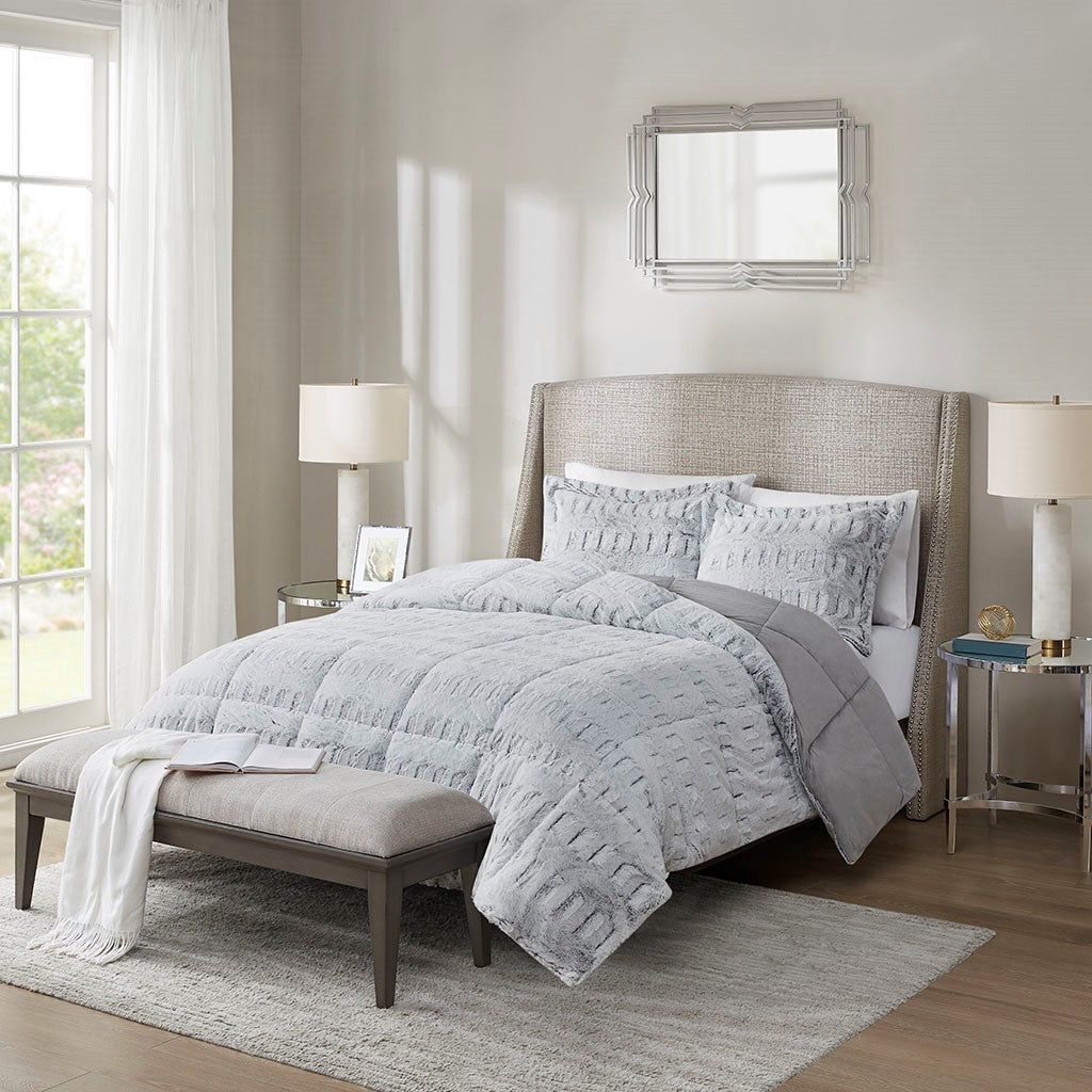 Twin/Twin XL Faux Fur Comforter Mini Set with Hypoallergenic Fill - Grey