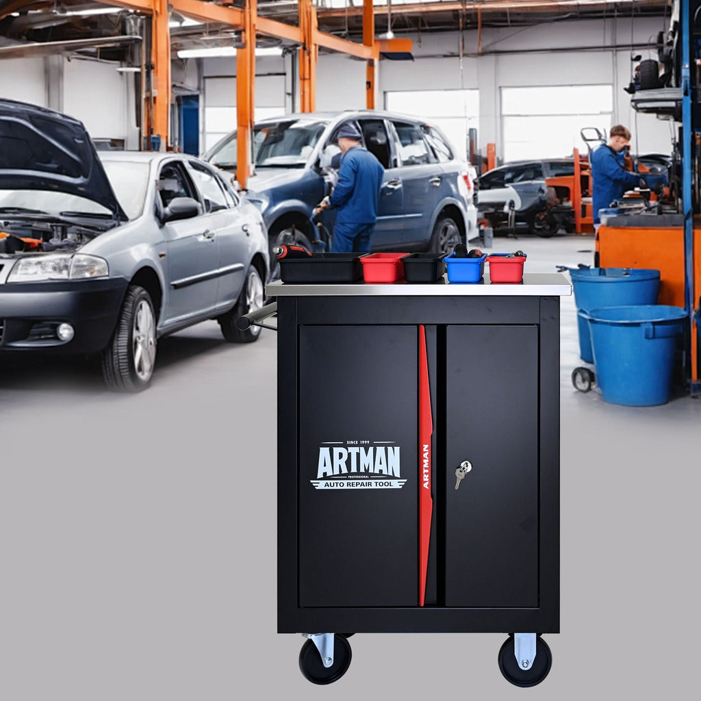Double Door Multi-Function Tool Cart with Secure Storage - Black/Red