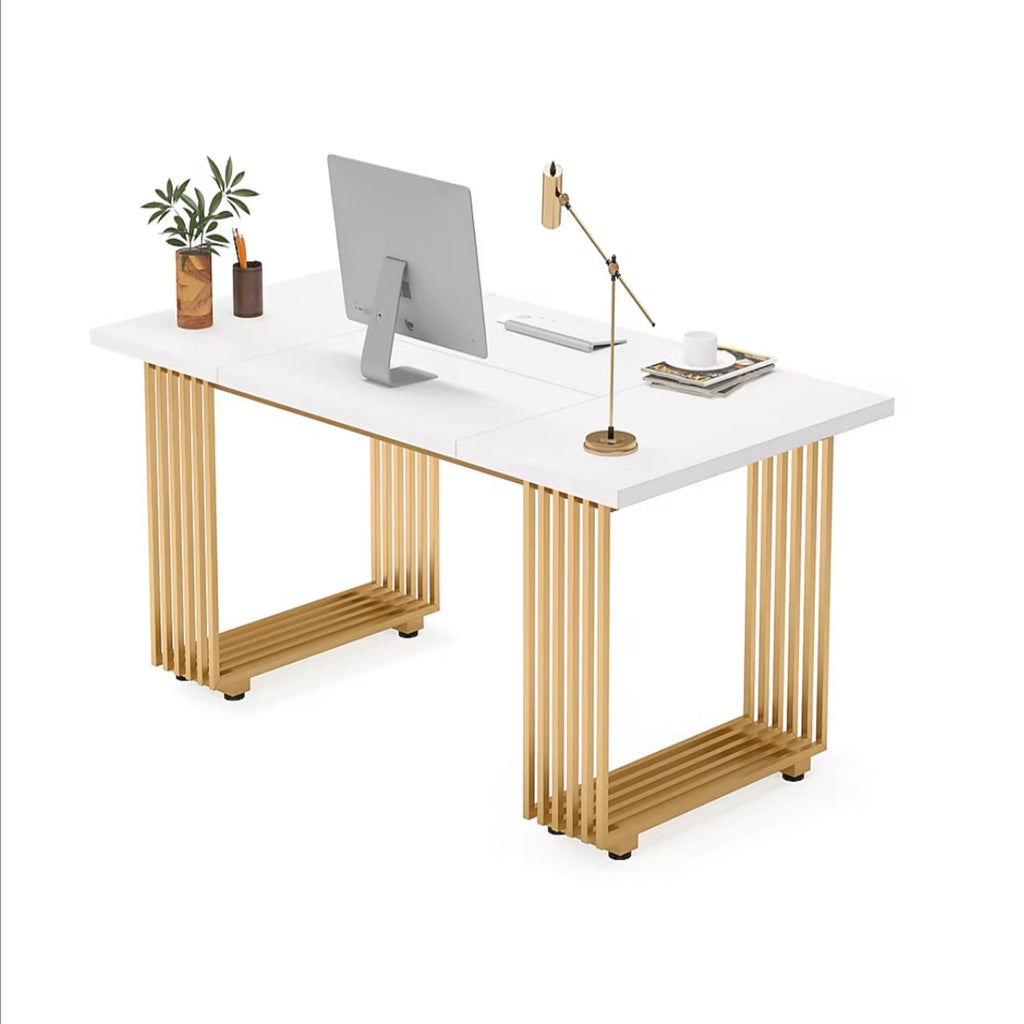 White Executive Desk with Gold Metal Legs - 70.87" Wide