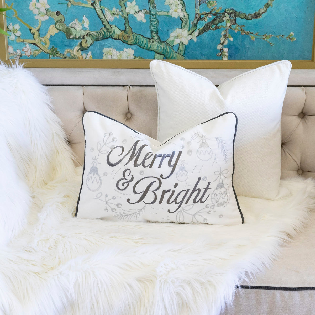 Christmas Throw Pillow with Silver Embroidery – White & Silver