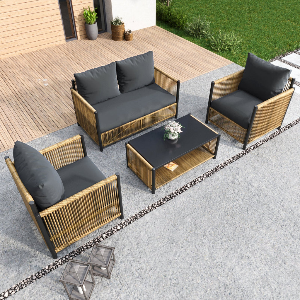 Patio 4-Piece Wicker Sofa Set with Grey Cushions - Brown