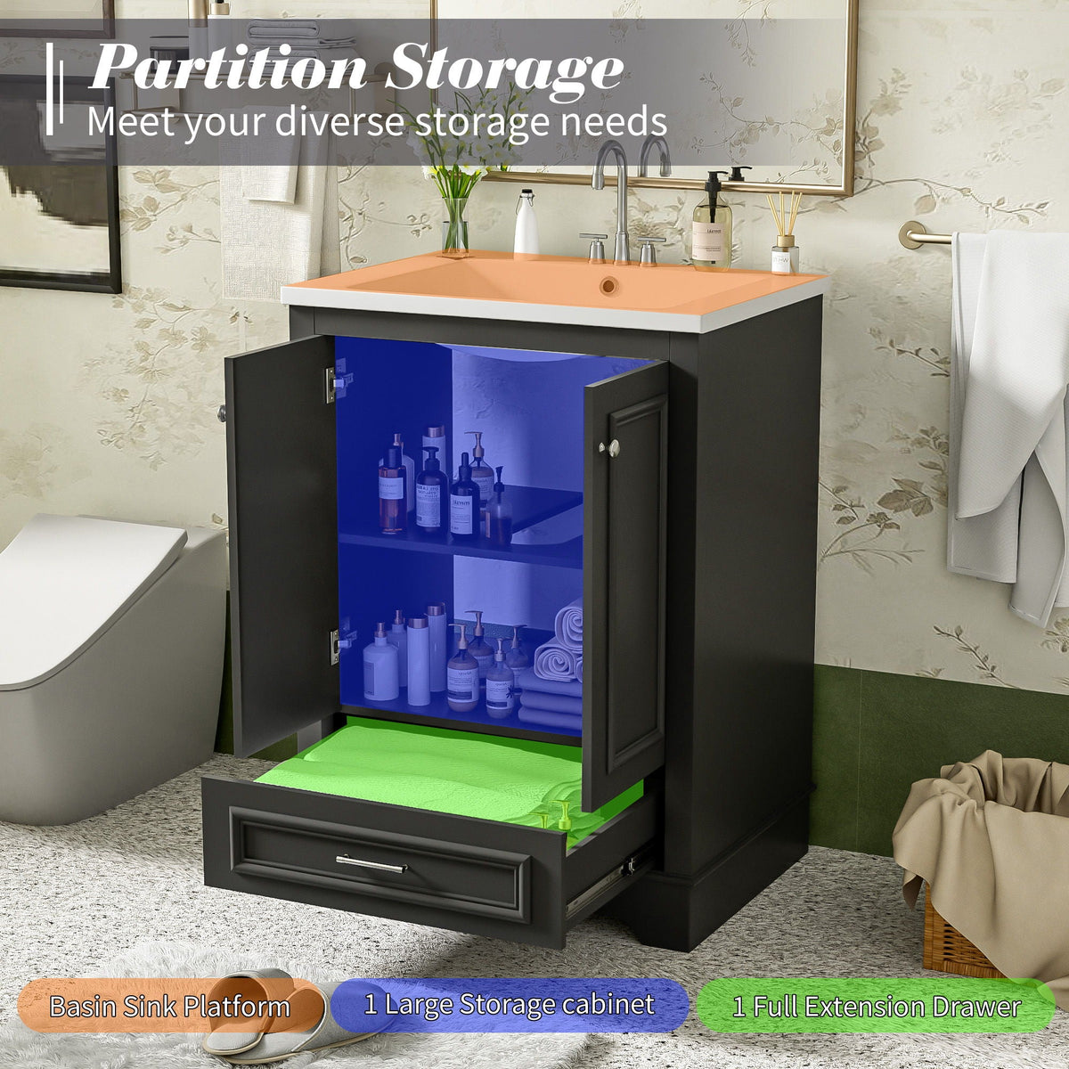Modern Bathroom Vanity with Ceramic Sink Combo and Storage Cabinet - Multiple Colors