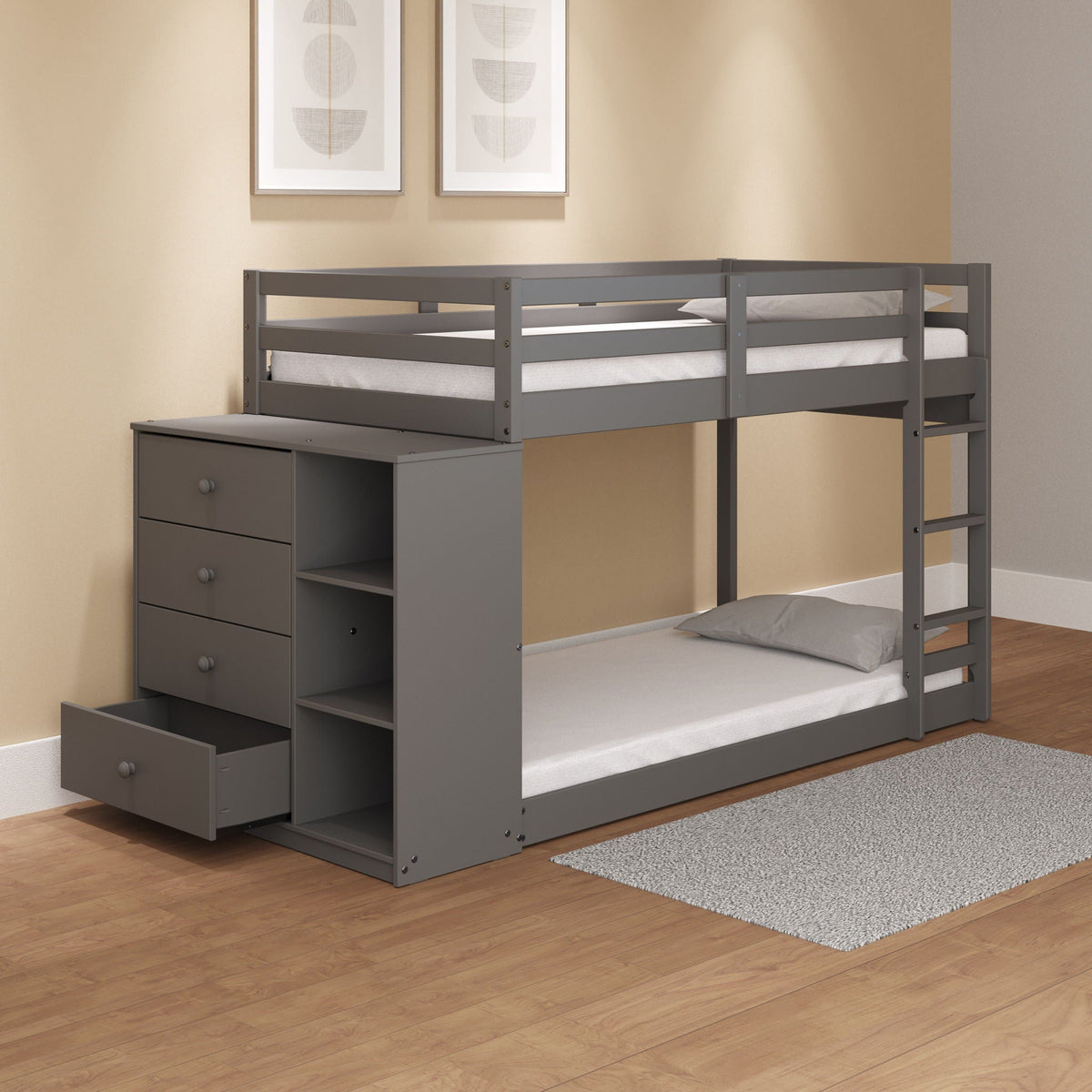 Gray Twin Over Twin Bunk Bed with 4 Drawers and Compartments