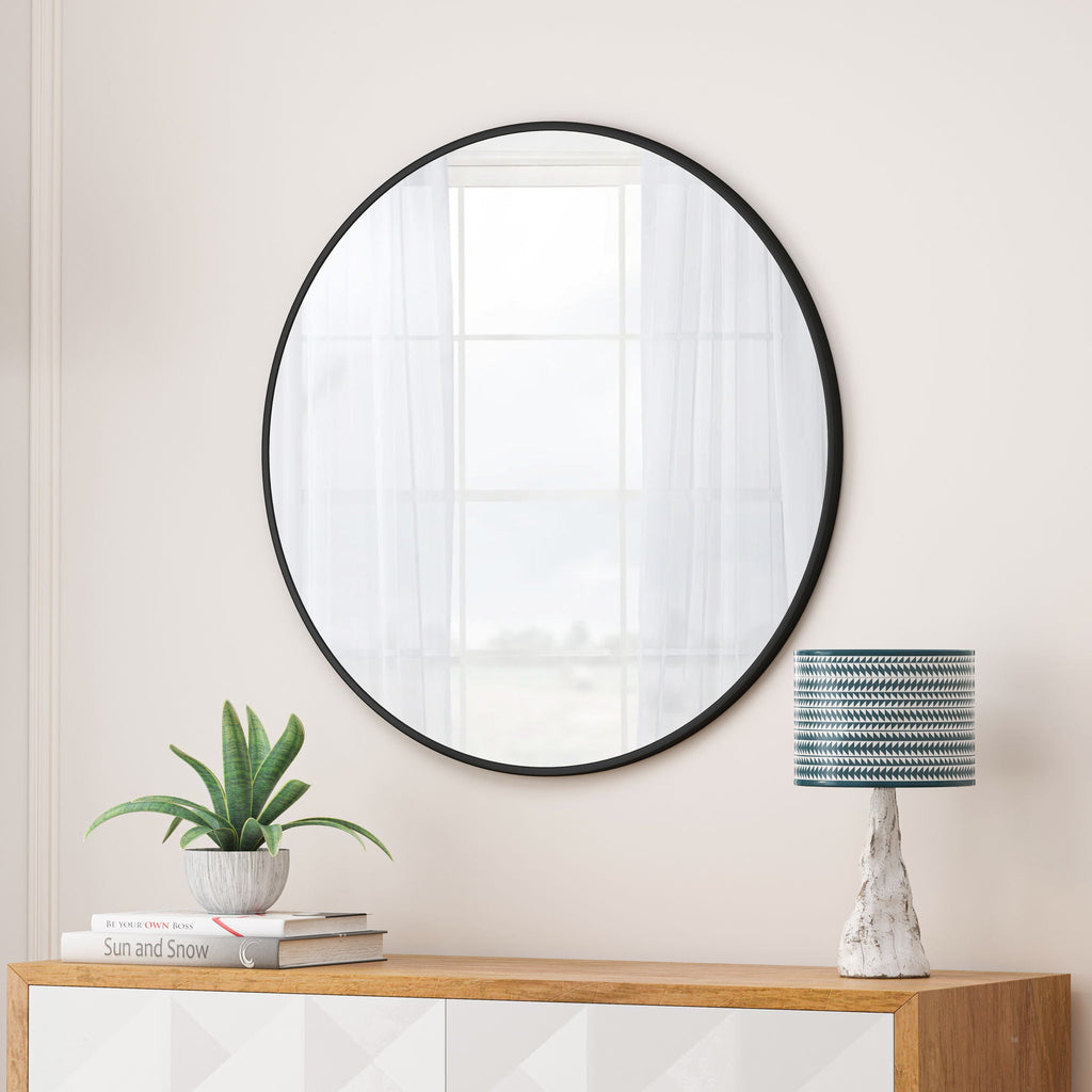 Metal Framed Circular Wall Mirror with Modern Design - Black or Gold