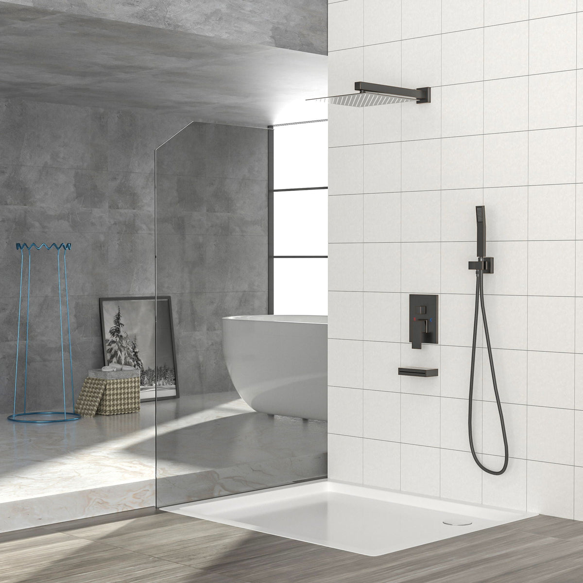Square Shower System with Waterfall Tub Spout and Valve - Black