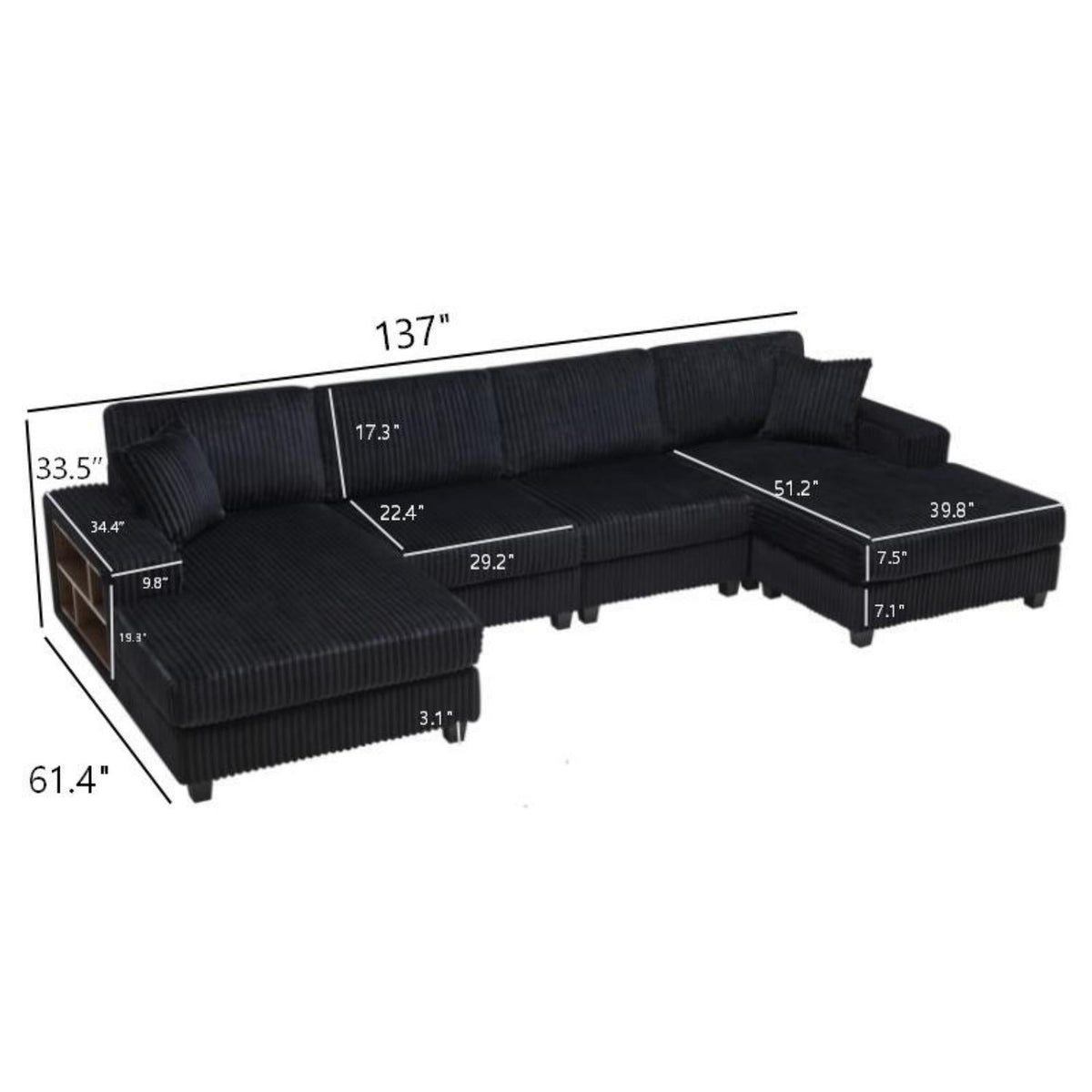 U-Shaped Convertible Sofa, 4 Seater Sectional with Storage Armrests - Multiple Colors
