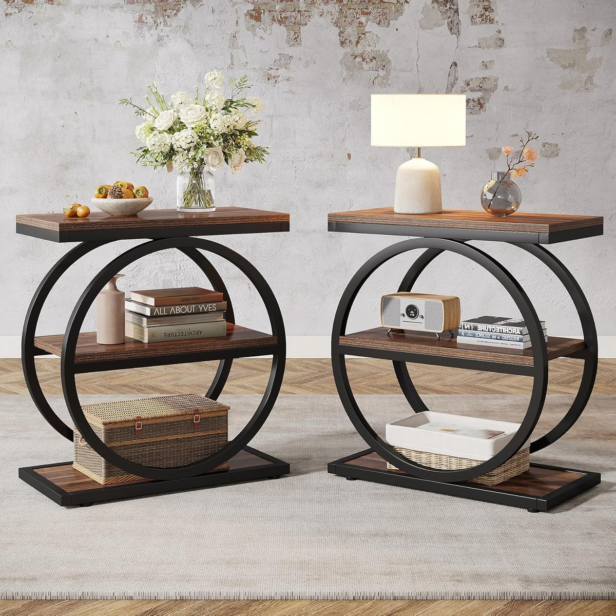 Slim End Tables with 3 Shelves, Compact (Set of 2) - Brown