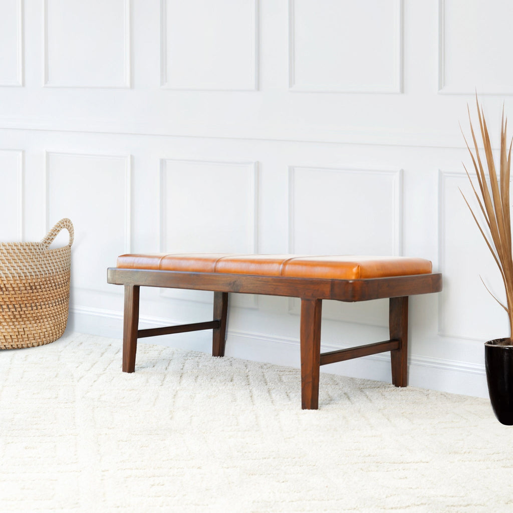 Rustic Upholstered Bench with Genuine Leather Cushion - Tan