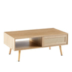 Rattan Coffee Table with Sliding Storage Door – Solid Wood Legs - Light Brown, White, or Dark Brown