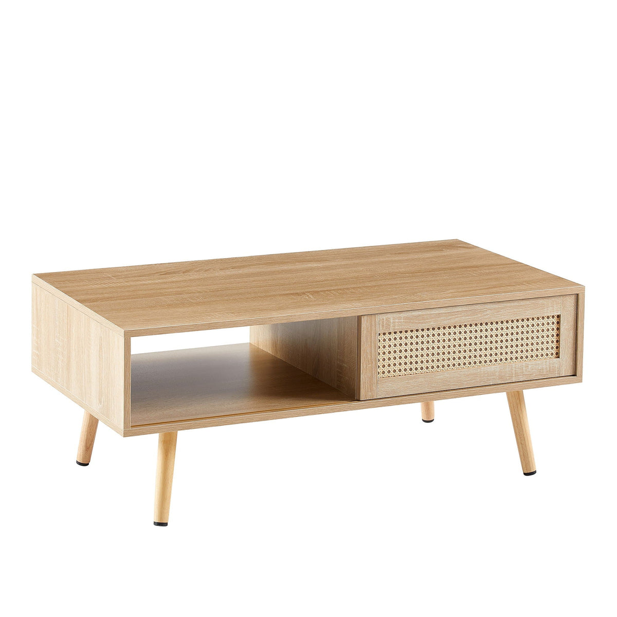 Rattan Coffee Table with Sliding Storage Door – Solid Wood Legs - Light Brown, White, or Dark Brown