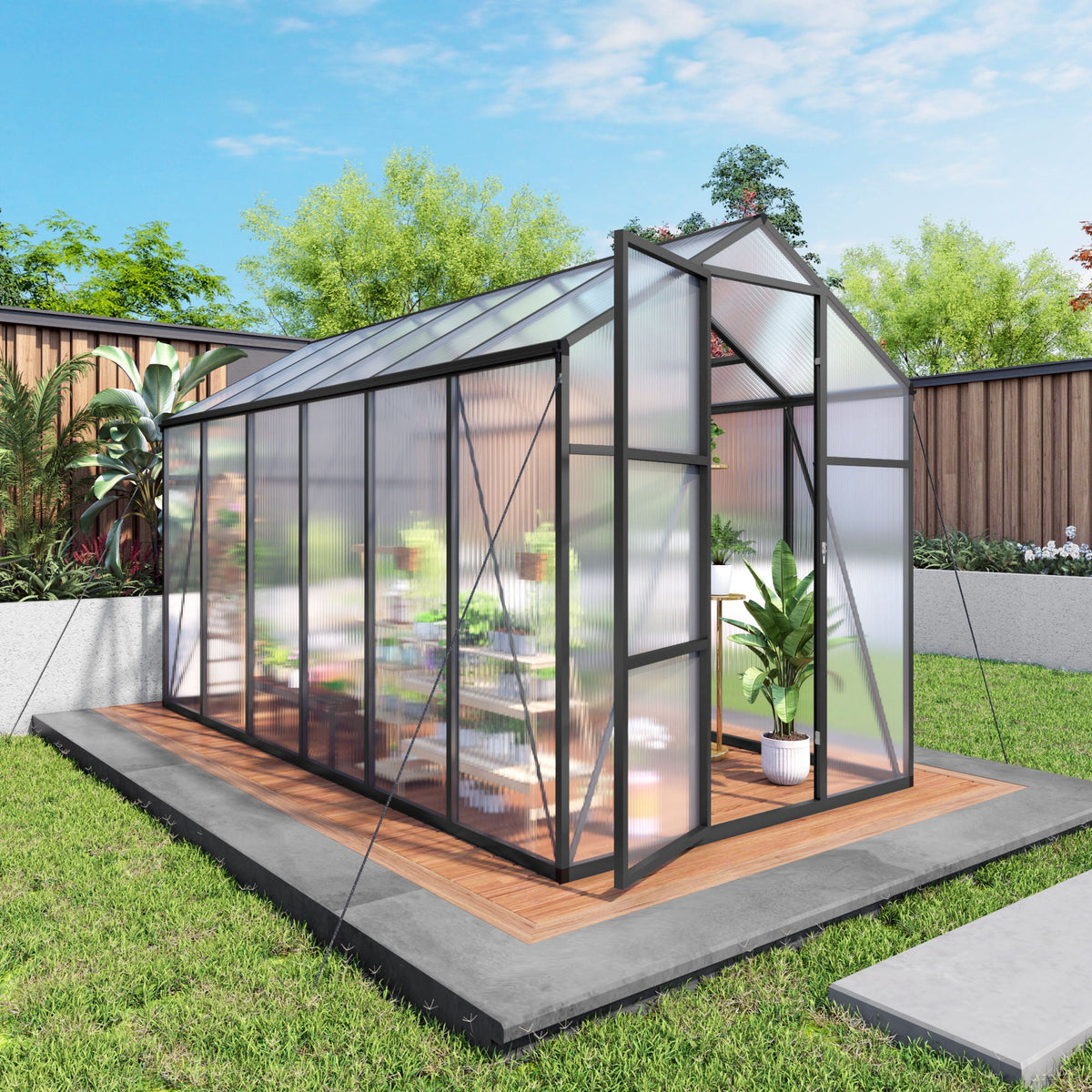 Windproof Greenhouse with Raised Base - Polycarbonate Panels - Black