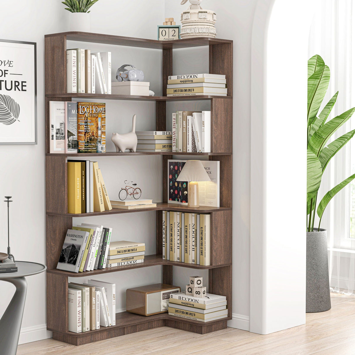 Freestanding Corner Bookshelf with Adjustable Shelves - Dark Brown