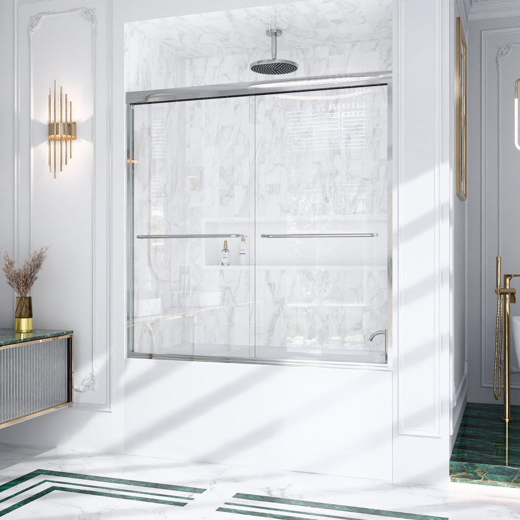 Semi-Frameless Double Sliding Shower Door with Smooth Stainless Steel Rollers - Brushed Nickel