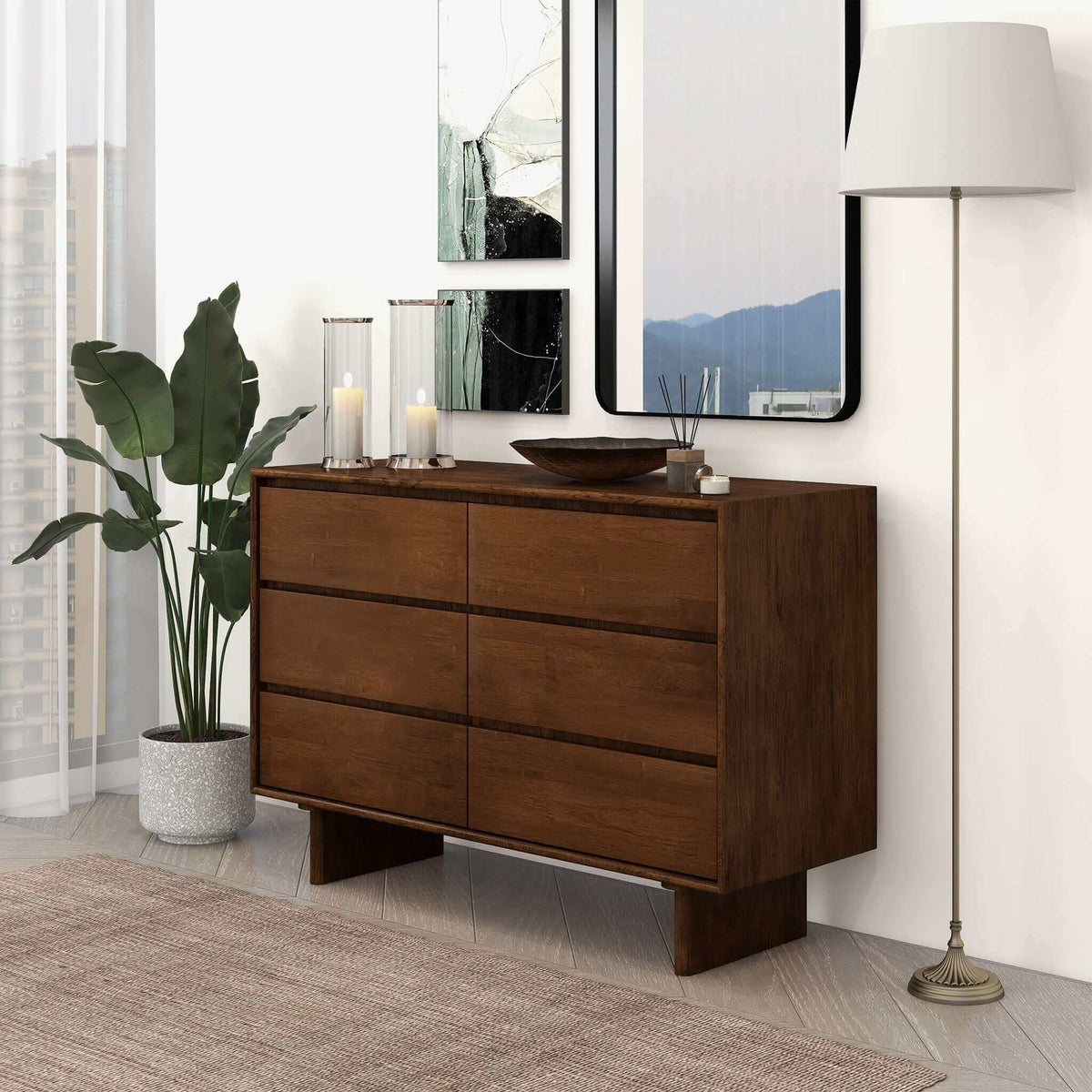 Brown Mid-Century Dresser with 6 Drawers - Solid Wood