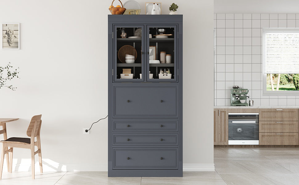 Freestanding Kitchen Pantry Cabinet with Power Outlet – Grey or White