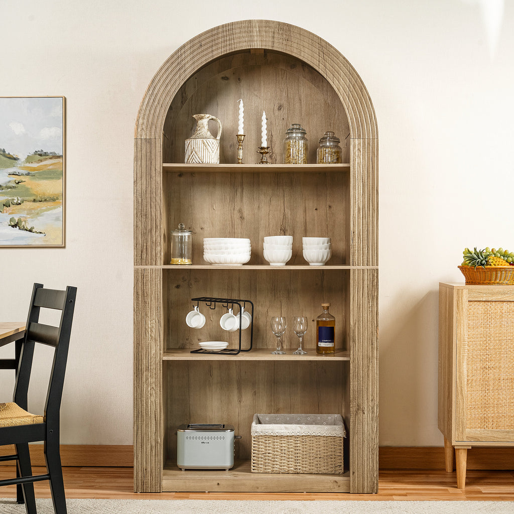 78.74" Tall Arched Bookcase with 4-Tier Shelving - Natural