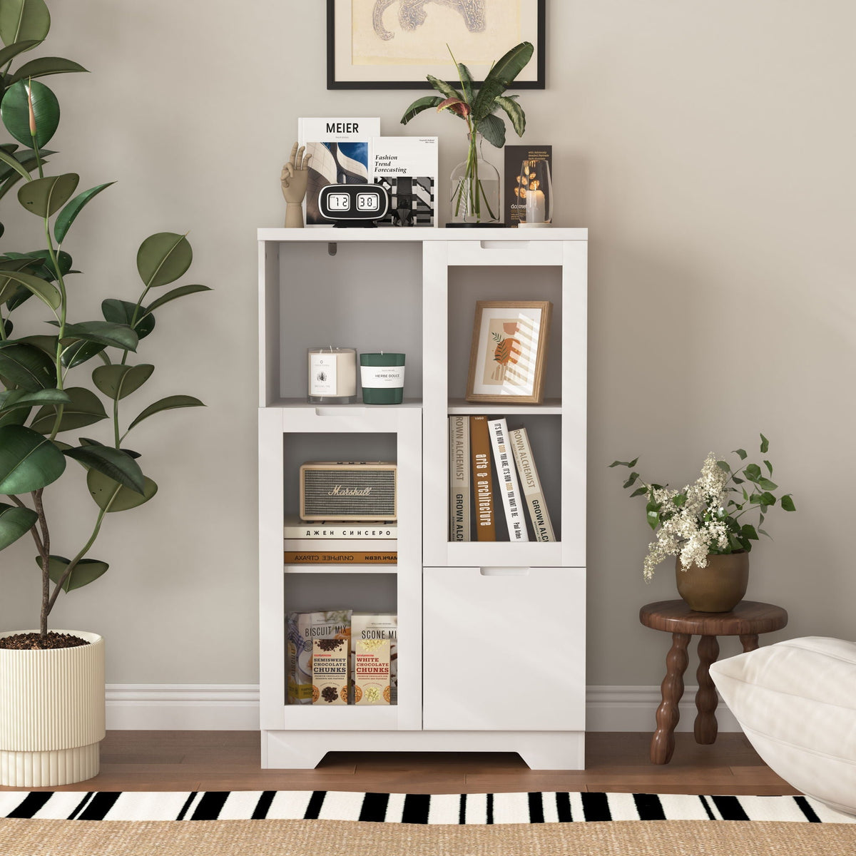 Modern Cabinet with Glass Doors and Drawer - Adjustable Shelves - Multiple Colors