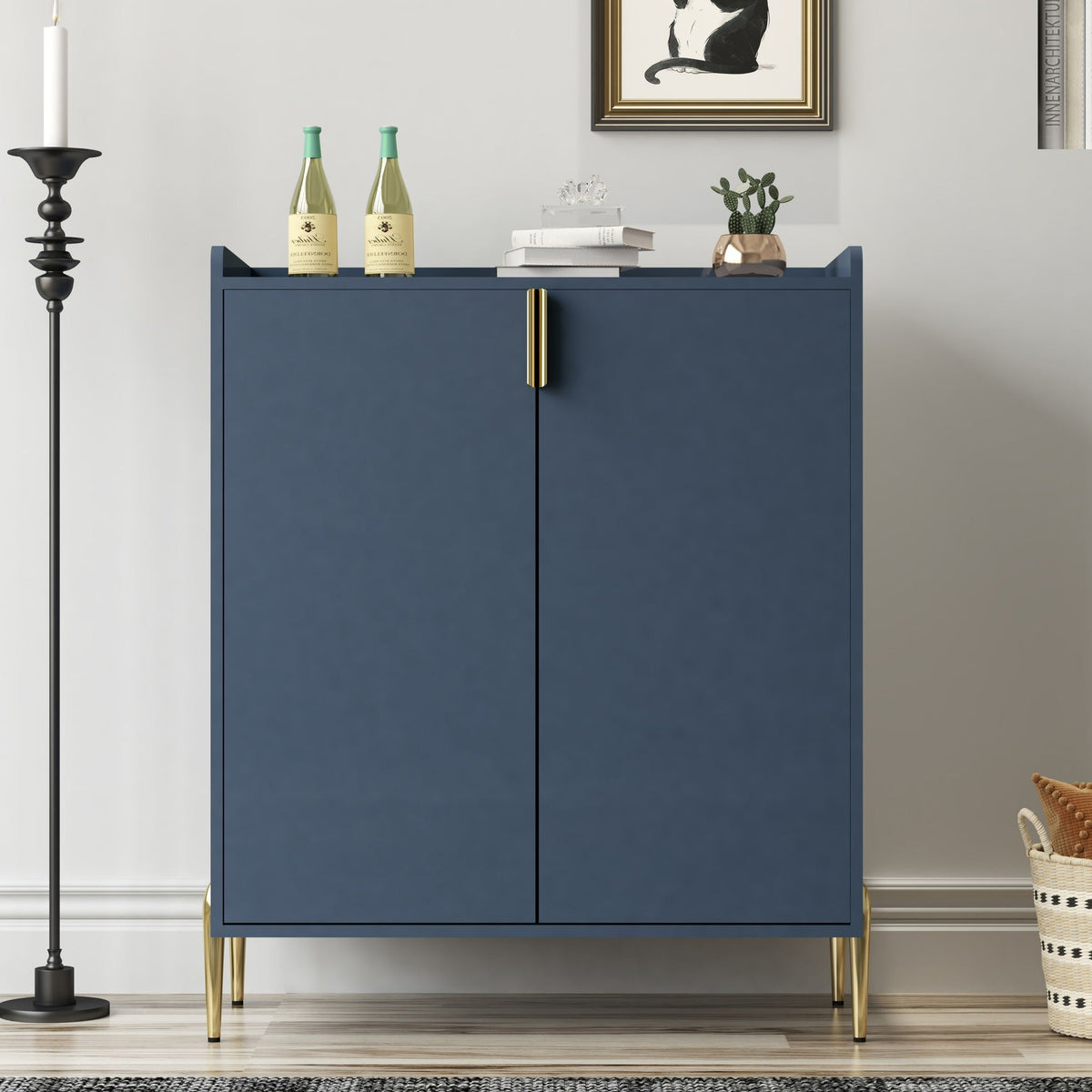 Wine Bar Cabinet with Adjustable Shelf and Soft-Closing Doors - Black or Blue