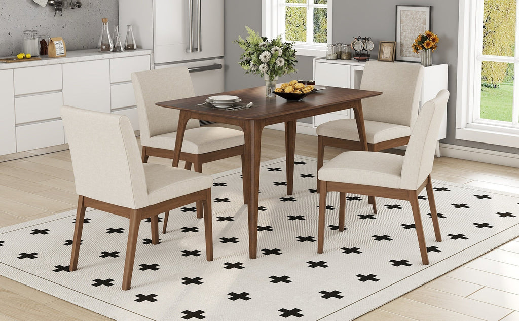 5-Piece Dining Table Set with Upholstered Chairs - Light Beige/Walnut
