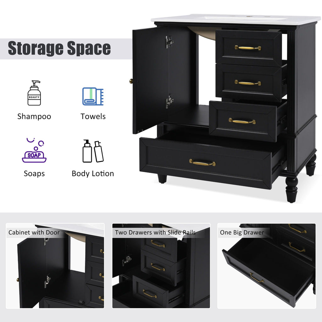 30" Bathroom Vanity with Sink and Soft-Close Drawers - White or Black
