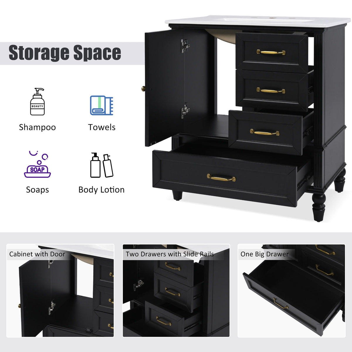 30" Bathroom Vanity with Sink and Soft-Close Drawers - White or Black