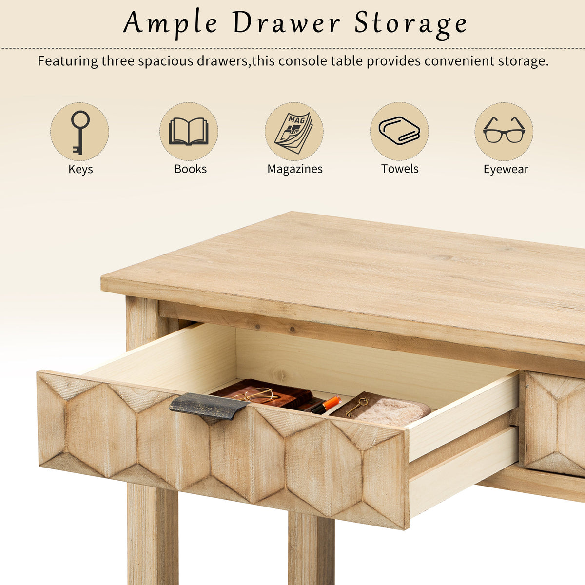 Fir Veneer Entryway Table with Honeycomb-Patterned Drawers - Natural