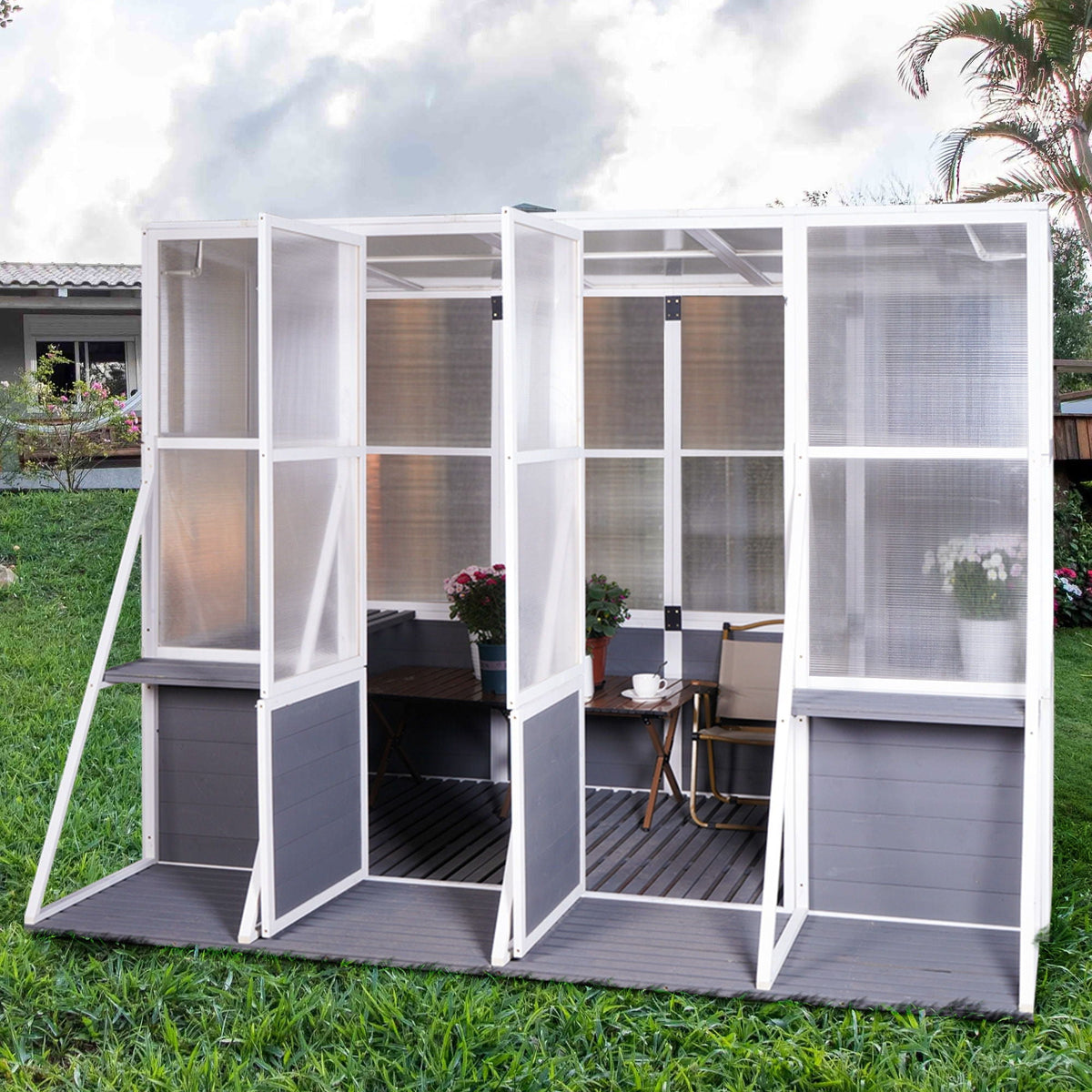 Wooden Lean To Greenhouse with Walk-In Design - White / Gray