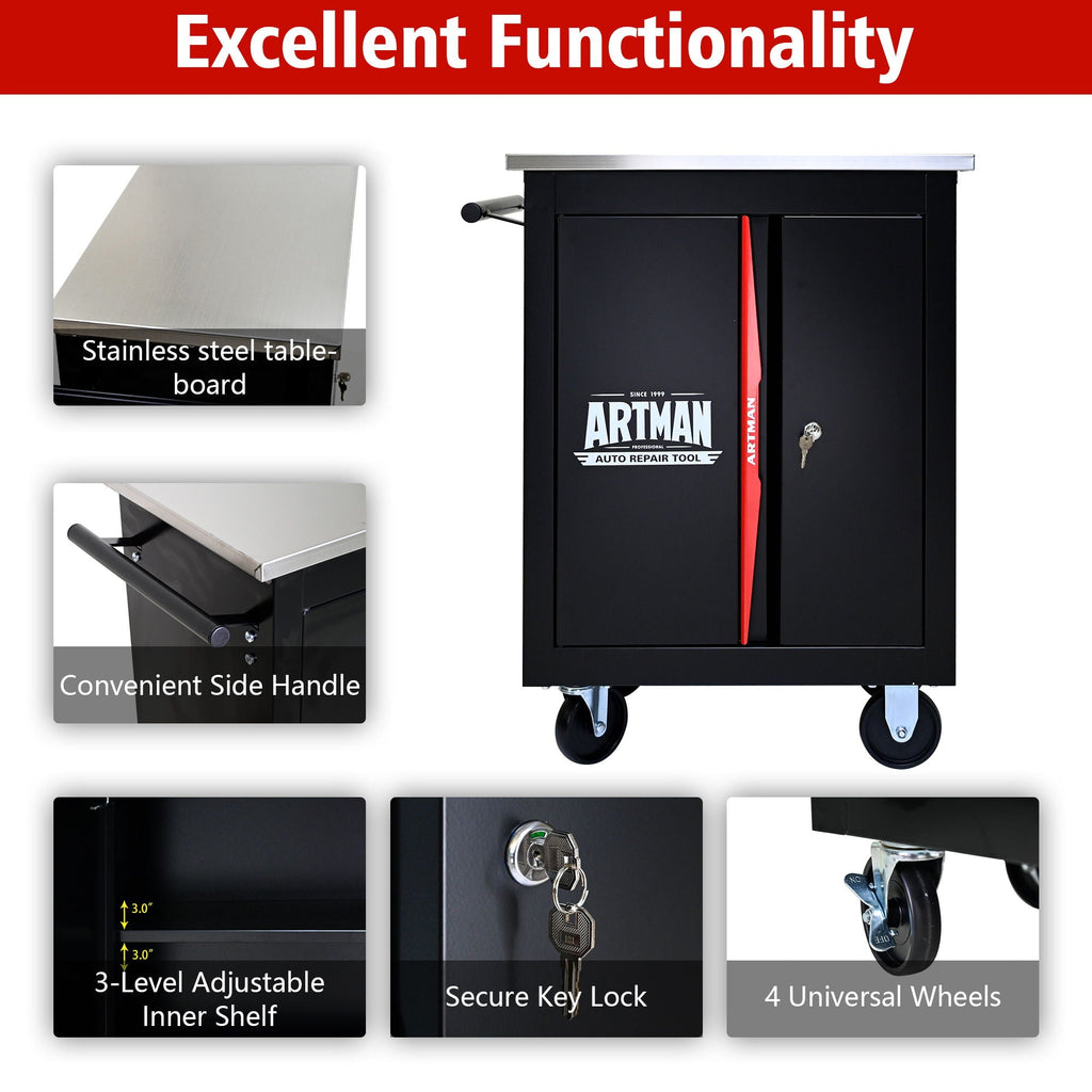 Double Door Multi-Function Tool Cart with Secure Storage - Black/Red