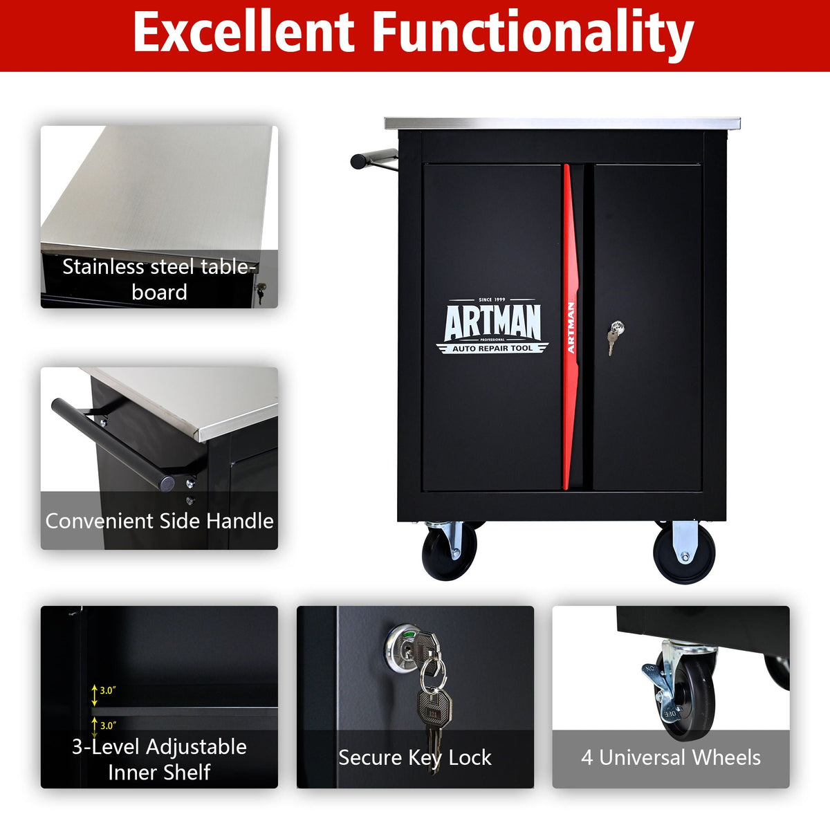 Double Door Multi-Function Tool Cart with Secure Storage - Black/Red
