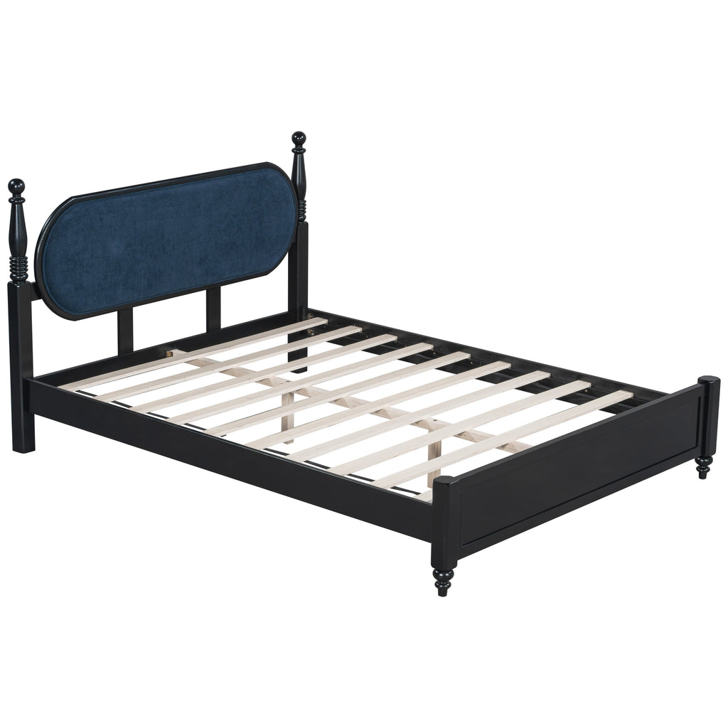 Queen Bed Frame Solid Wood Platform with Upholstered Headboard - Black, Navy Blue