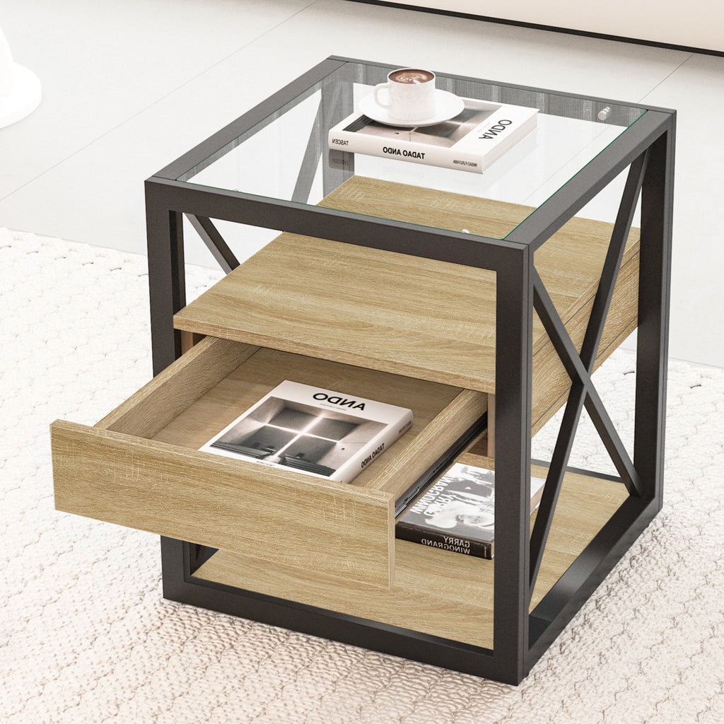 Modern End Table with Drawer - Natural Wood & Tempered Glass