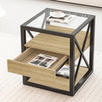Modern End Table with Drawer - Natural Wood & Tempered Glass
