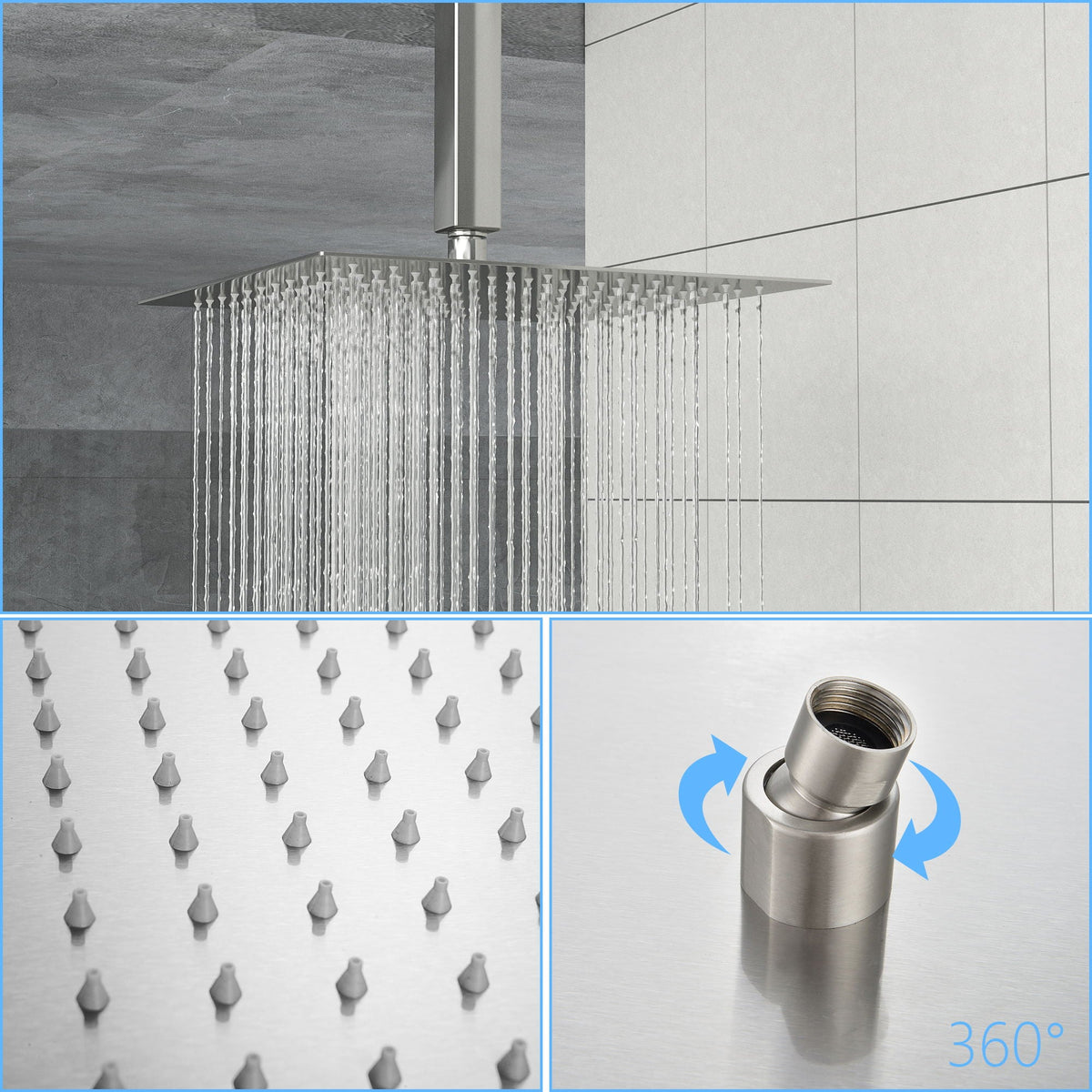 Ultra Thin Square Rainfall Shower Head with 12" Coverage - Gray or Pearl Silver