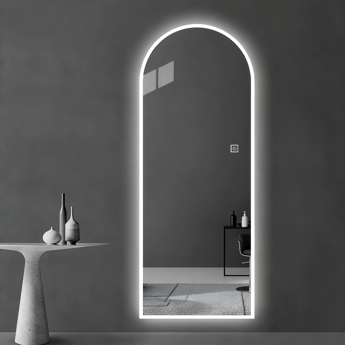 LED Full Length Wall Mirror with Symmetrical Arch Design and Dimmable Lighting - Silver