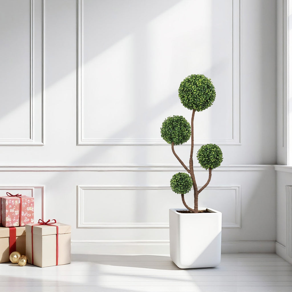 4ft Tall Artificial Boxwood Topiary Tree with Sturdy Planter - Green