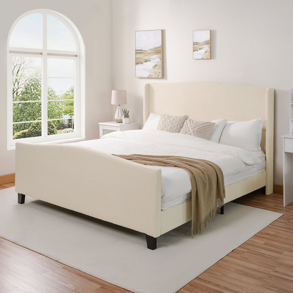 King Size Bed Frame with Upholstered Teddy Velvet Headboard - White