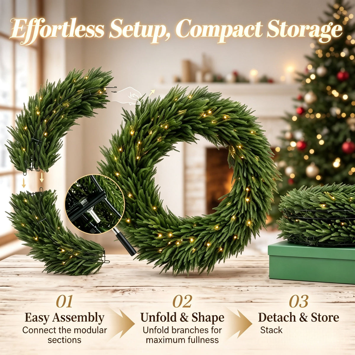 36-Inch Pre-Lit Christmas Wreath with Warm White Lights - Green