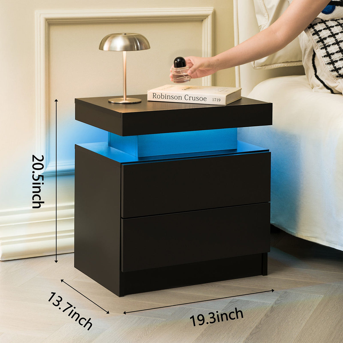 Modern LED Nightstand with 2 Drawers and Adjustable LED Lights - White