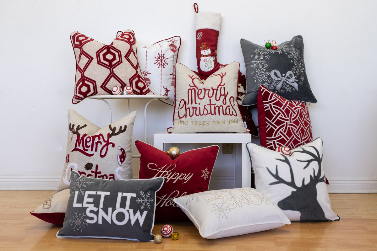 Let It Snow Embroidered Cotton Throw Pillow with Winter Embroidery - Gray